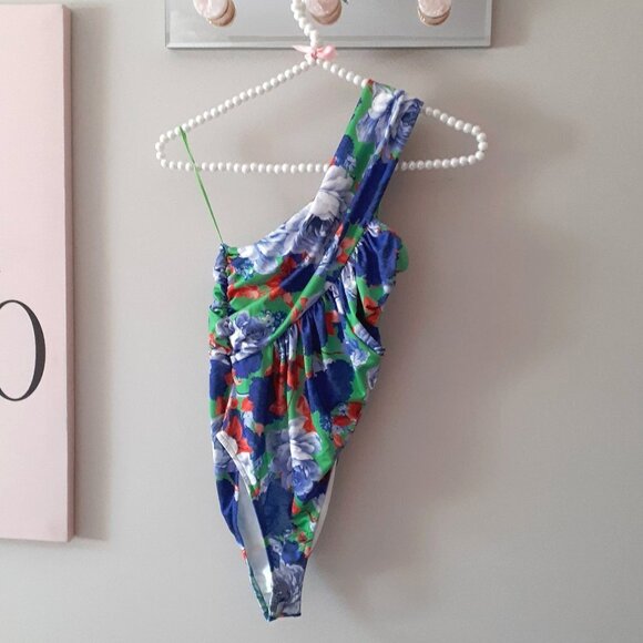 NWOT Zara multicolour floral print asymmetrical single strap ruched bodysuit, S - Picture 13 of 14